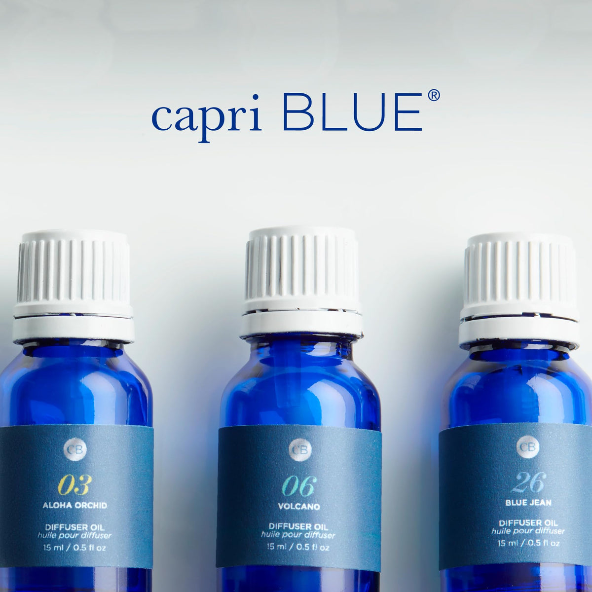 Capri Blue diffusion oil packaging and bottle display for premium fragrance