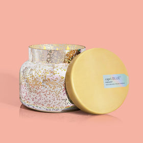 Closeup of the mercury iridescent finish on Capri Blue candle