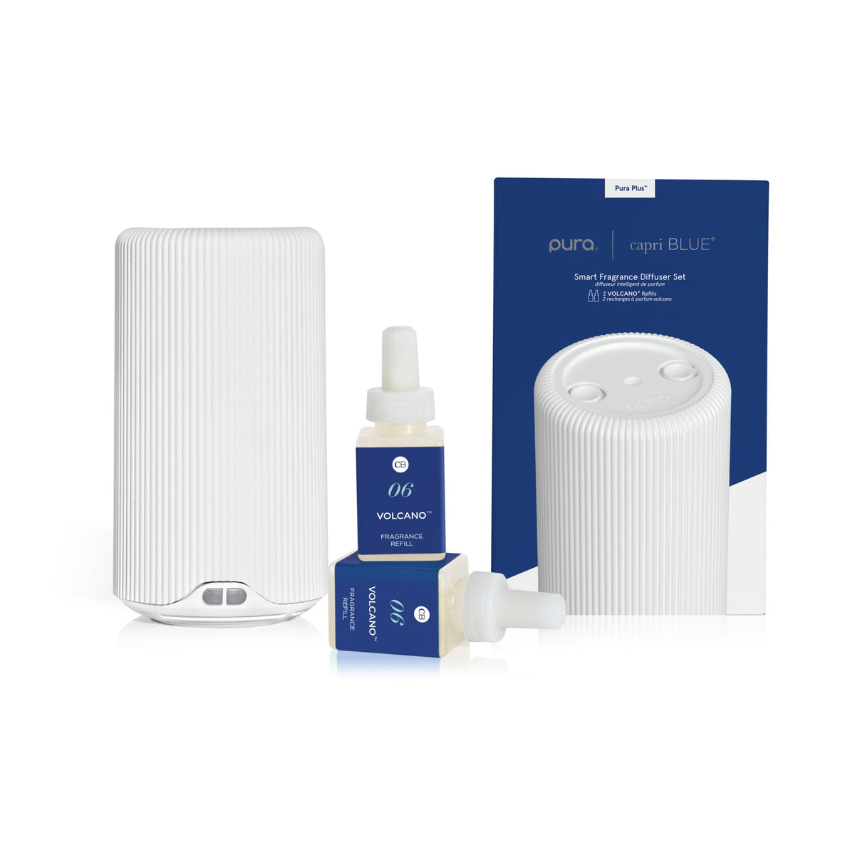 Capri Blue Pura Plus diffuser on tabletop provides even room-wide fragrance.