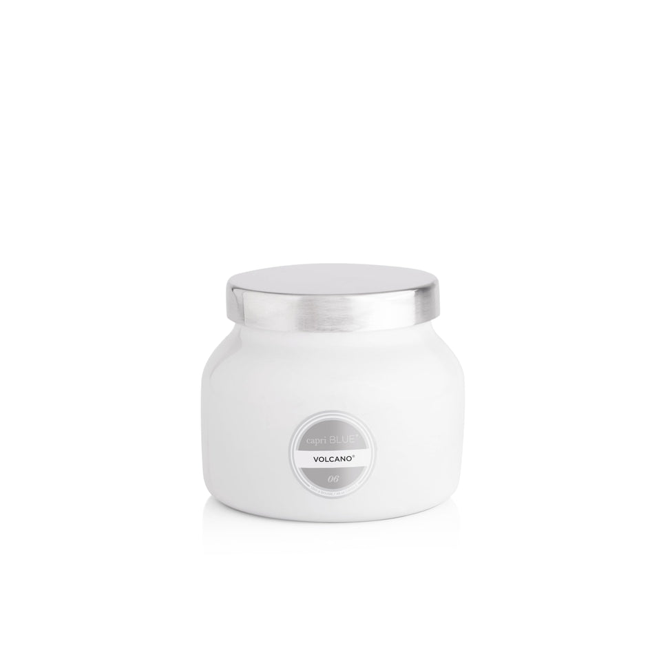 Capri Blue Volcano 8oz jar closeup showing white glass for stylish fragrance.