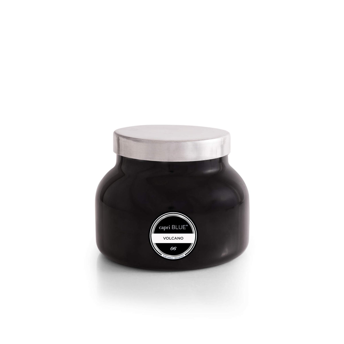 Capri Blue Volcano black jar candle front view highlighting bold decor and bright fragrance.