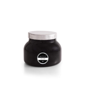 Capri Blue Volcano black jar candle front view highlighting bold decor and bright fragrance.