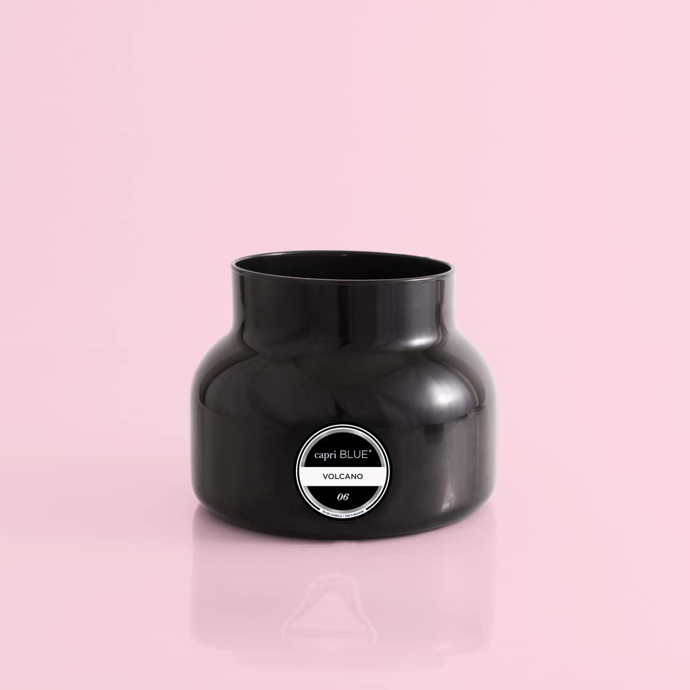 Capri Blue Volcano black jar candle side view for stylish ambience in any room.