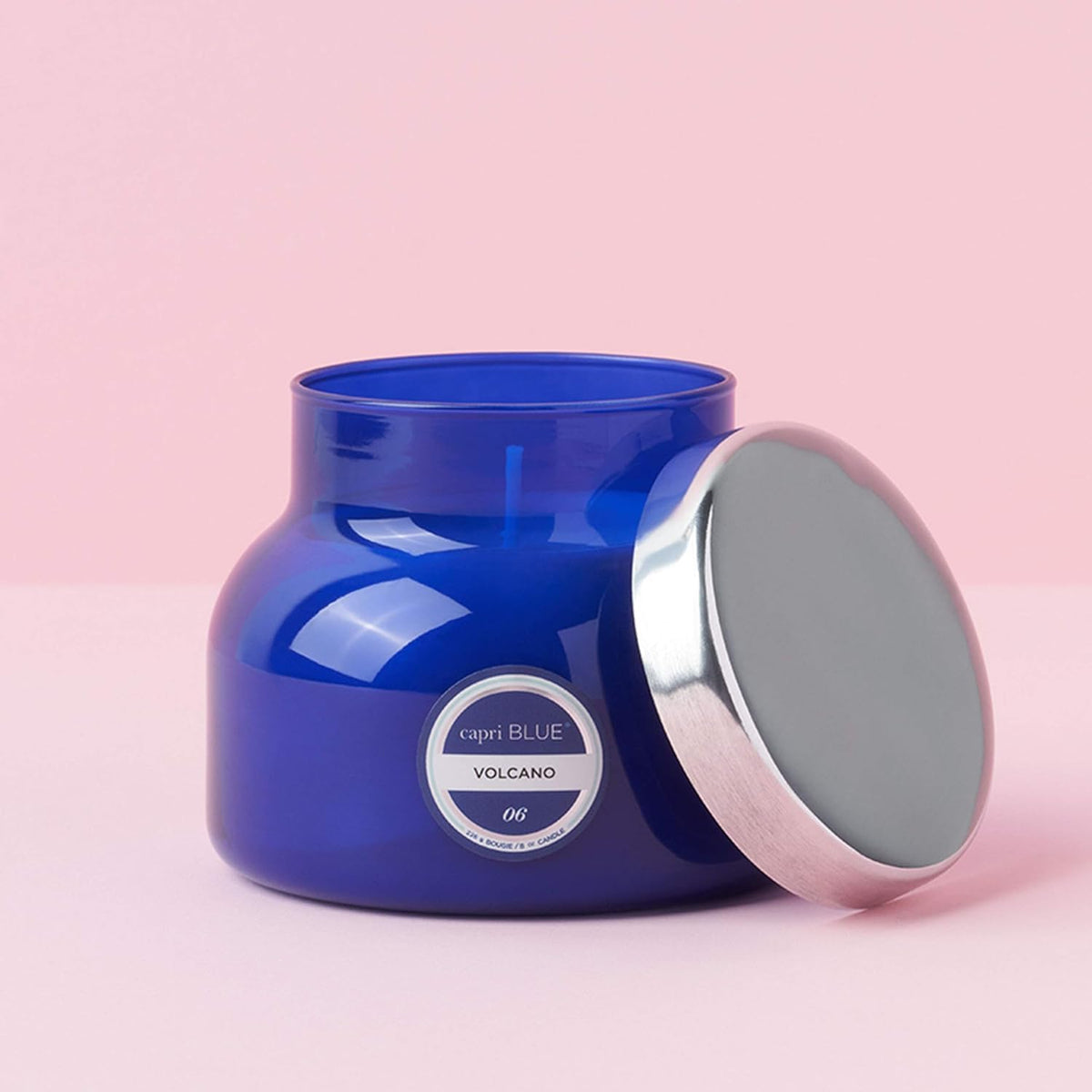Capri Blue Volcano blue glass jar closeup with vibrant color
