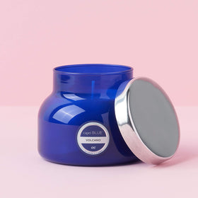 Capri Blue Volcano blue glass jar closeup with vibrant color
