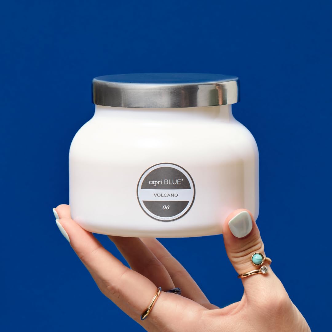 Capri Blue Volcano jar top display enhances decor appeal.