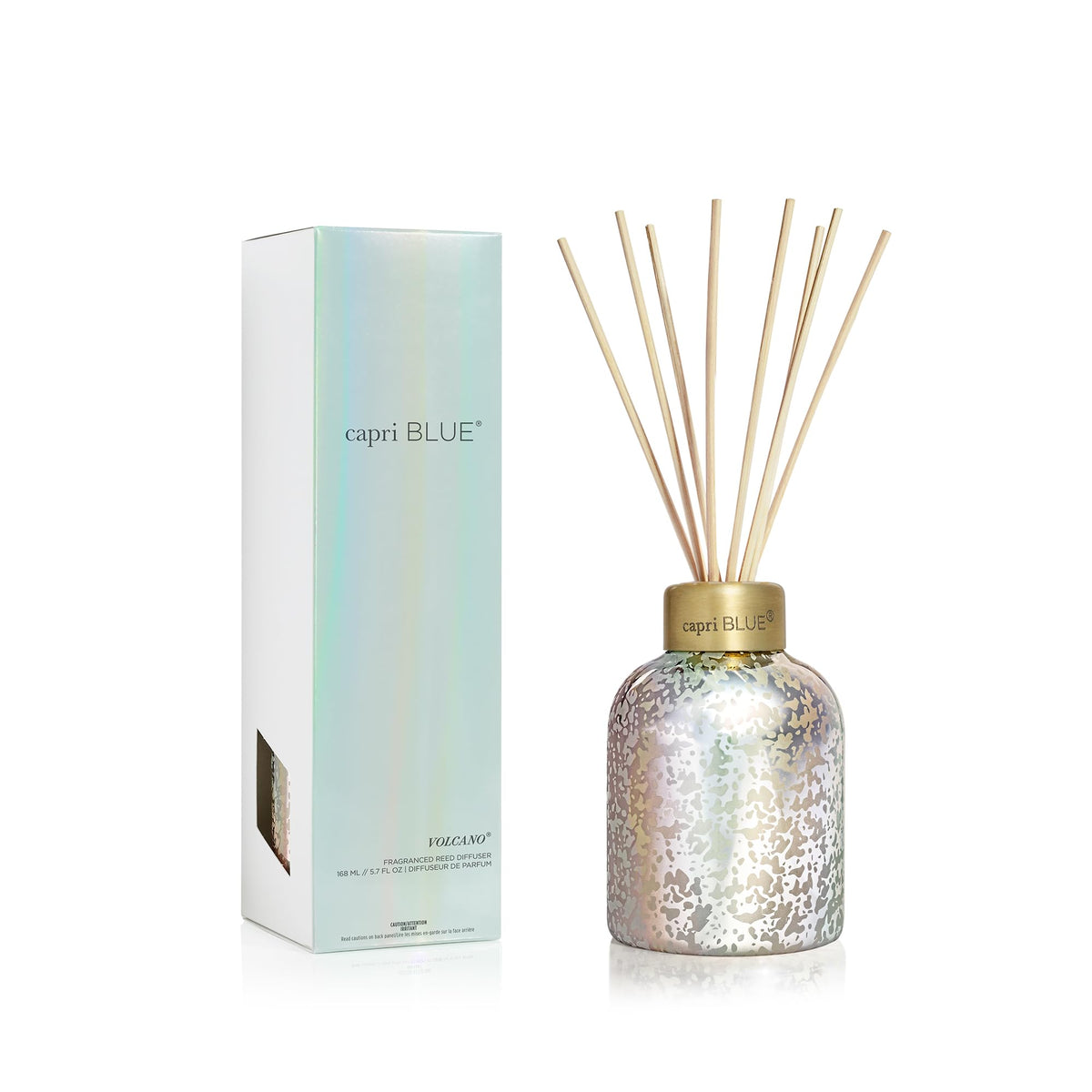 Capri Blue Volcano reed diffuser bottle with iridescent glass adds stylish ambience.