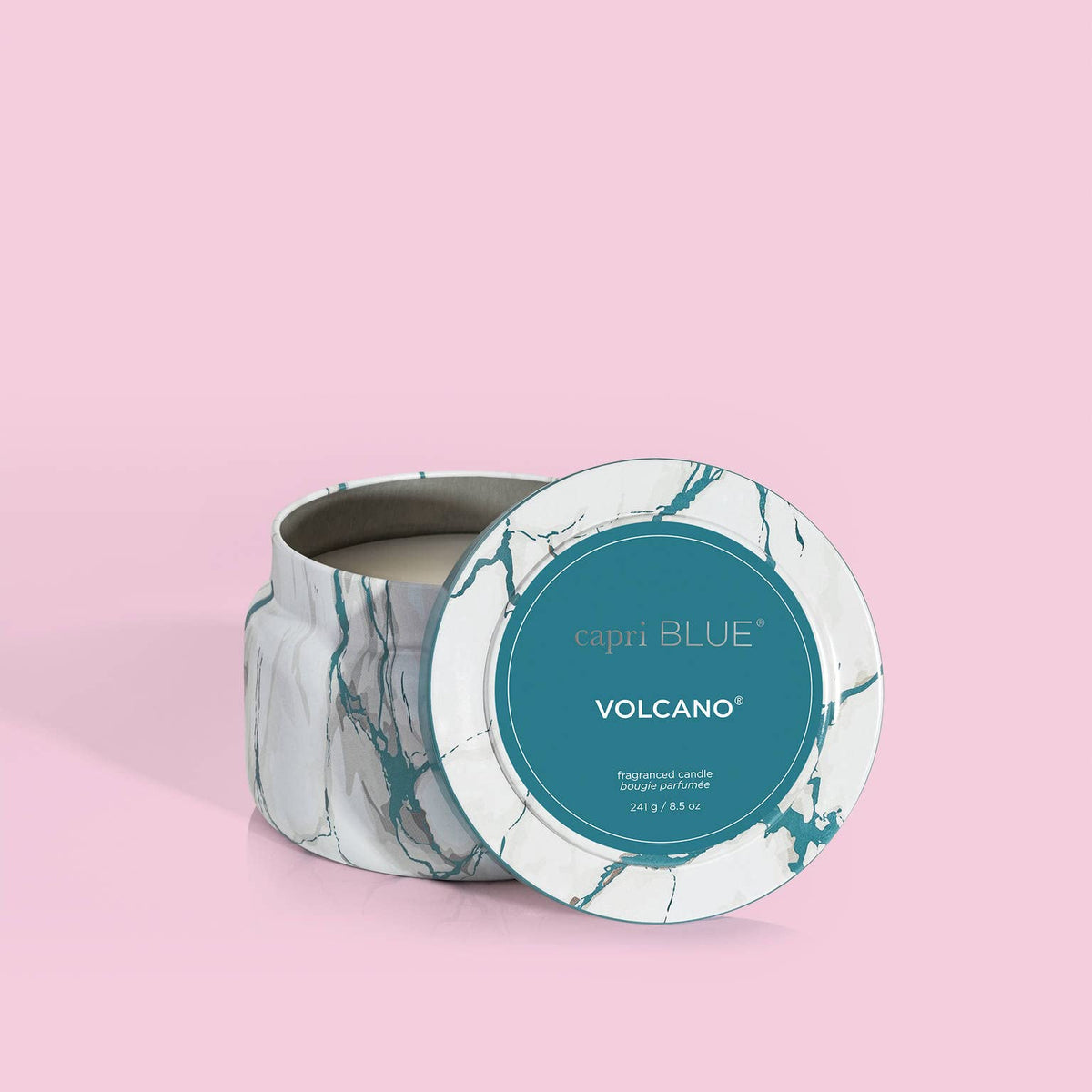 Capri Blue Volcano travel tin close-up shows bold tropical notes for vibrant room fragrance.