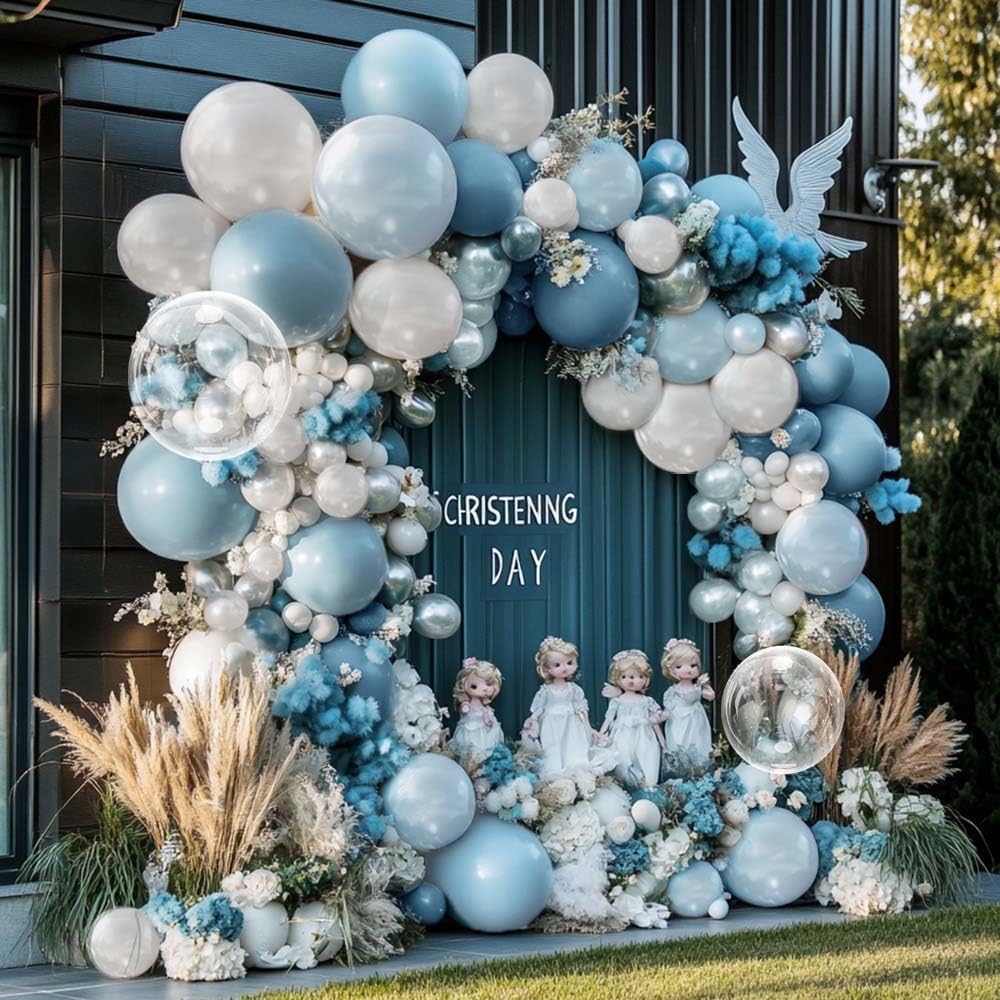 Captank double-stuffed pastel blue balloons add depth and dimension to party decor.