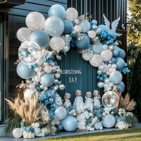 Captank double-stuffed pastel blue balloons add depth and dimension to party decor.