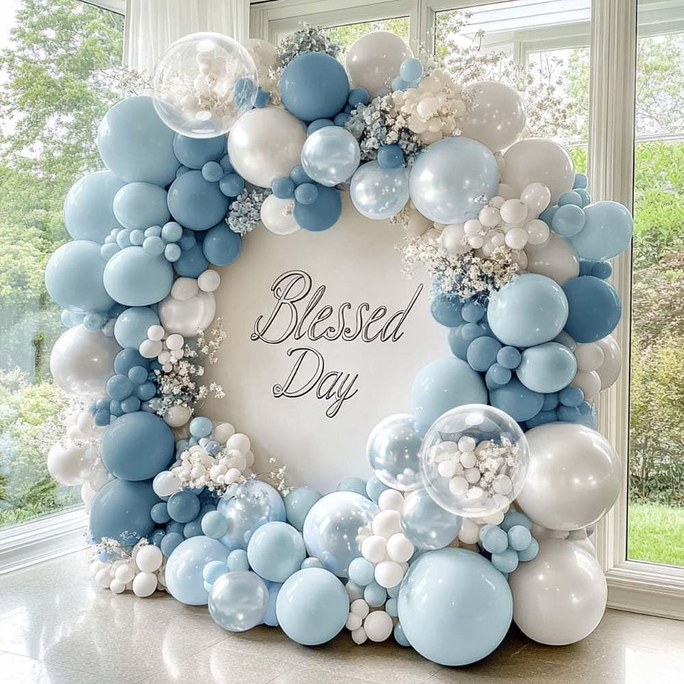 Captank dusty blue and white balloon arch kit creates a striking backdrop for events.