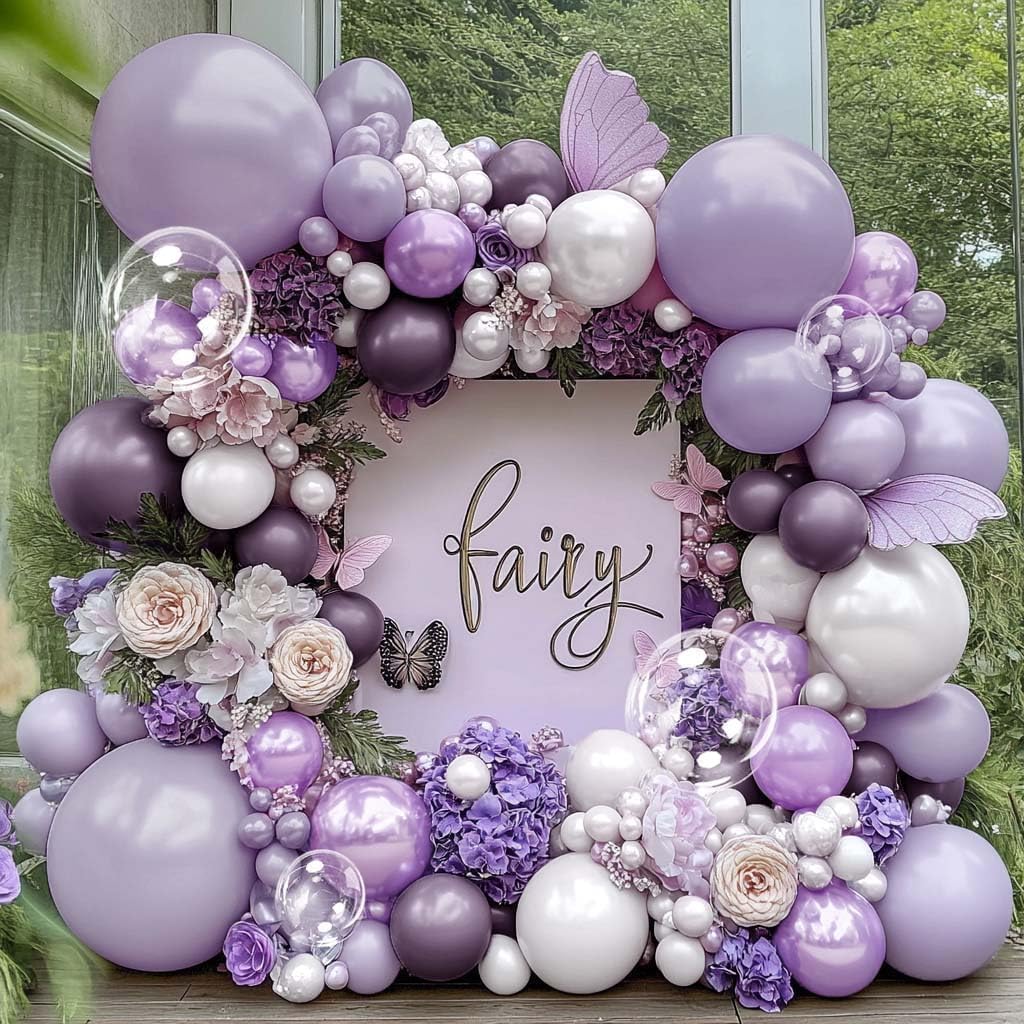 Captank purple white balloon garland kit setup on wall, lavender party backdrop