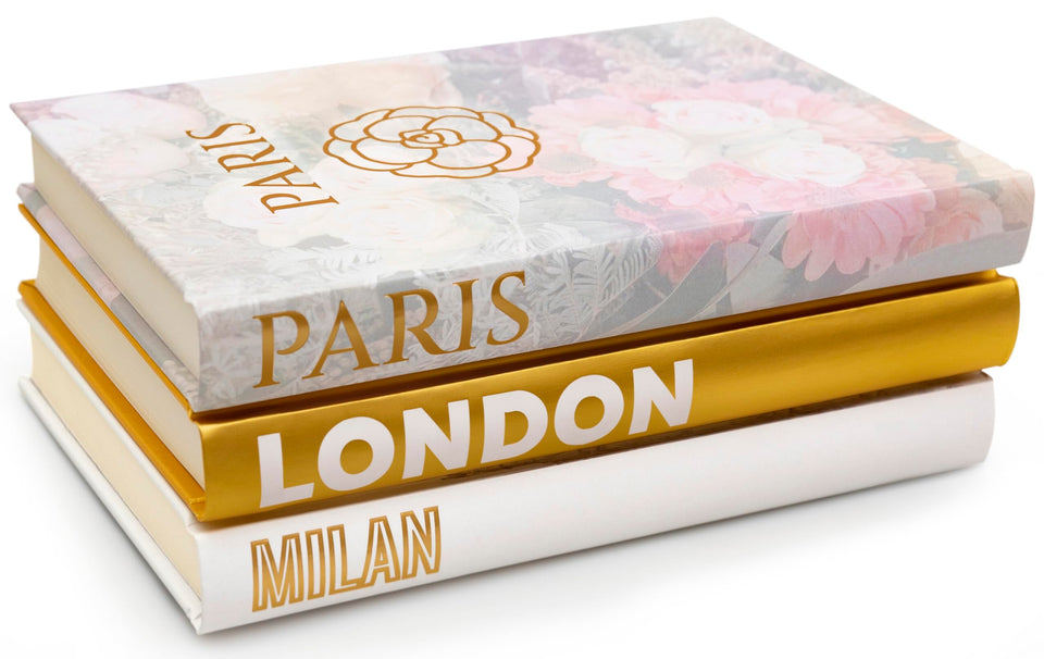 CARA & COLORS Paris top decorative book adds romantic shelf flair.