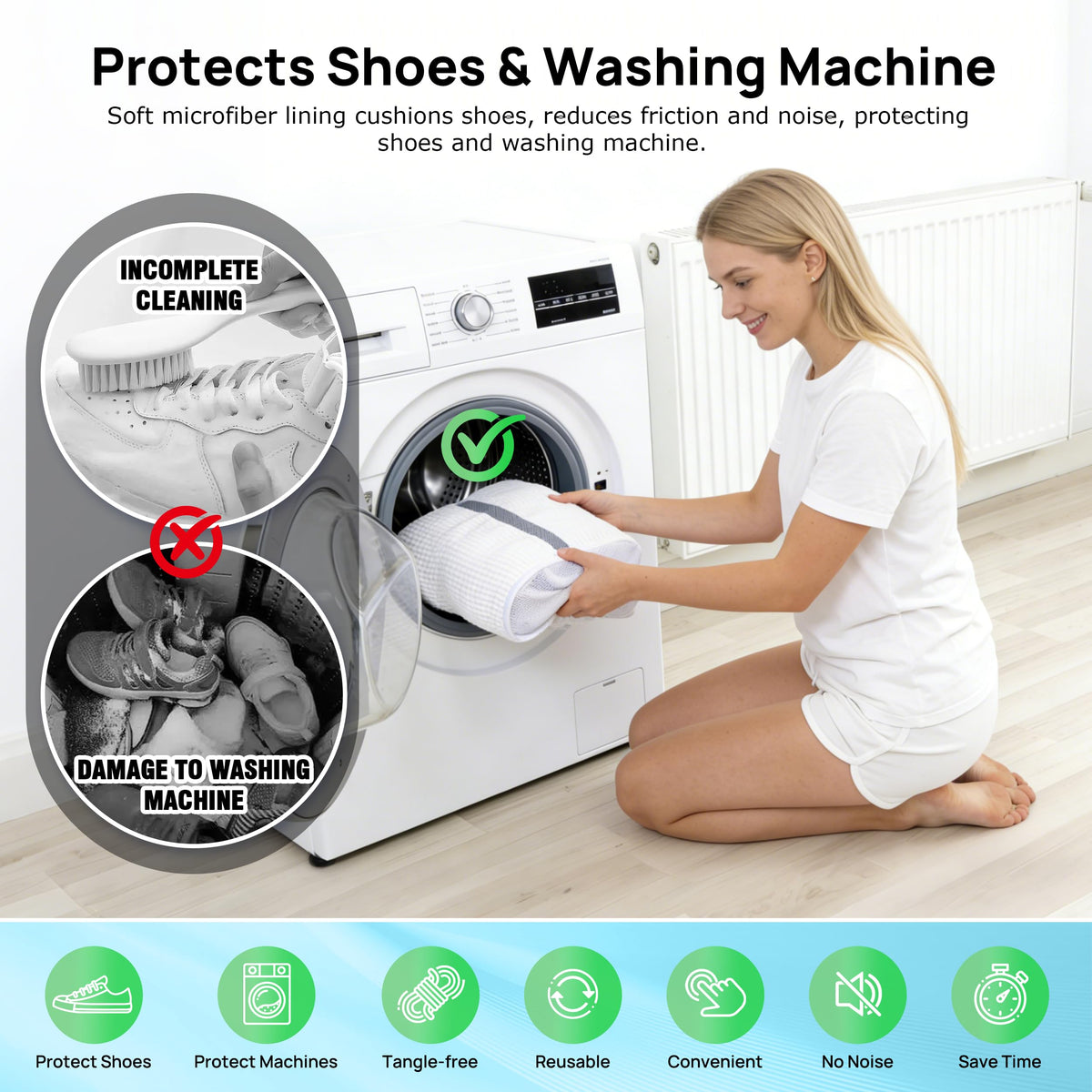 Carefree Finds durable shoe washing bag protects shoes and washing machine during cycles.