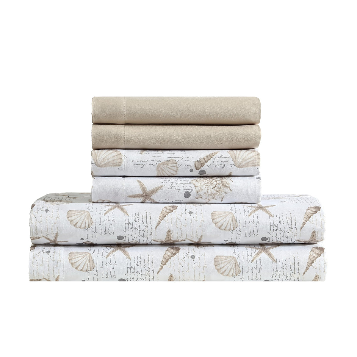 Caribbean Joe coastal queen sheet set flat view with shell-note-taupe design
