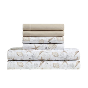 Caribbean Joe coastal queen sheet set flat view with shell-note-taupe design