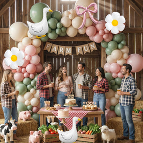 Carnira baby shower arch backdrop styled in soft pastels for photos.
