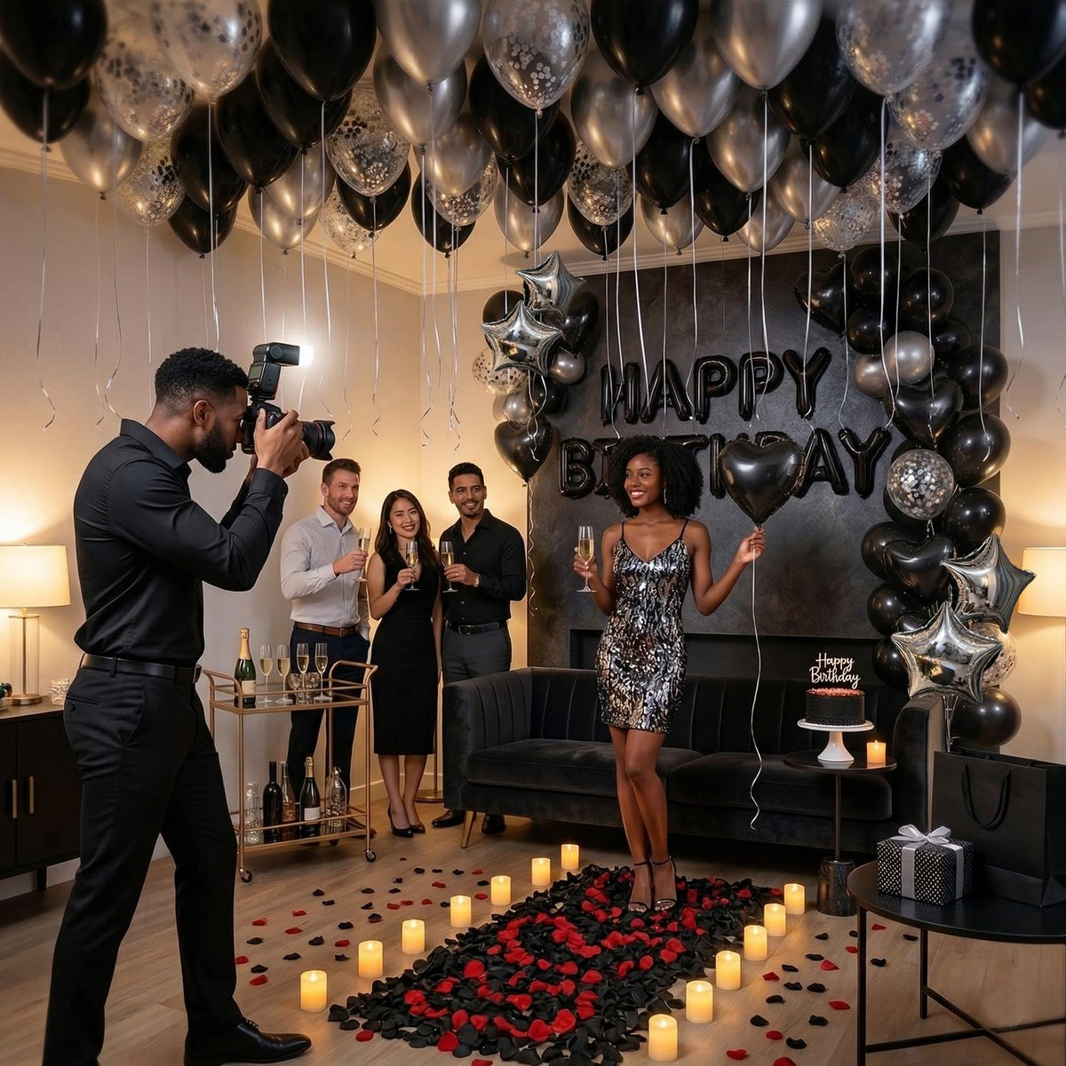 Carnira black and red rose petals shaped into hearts for romantic setup.