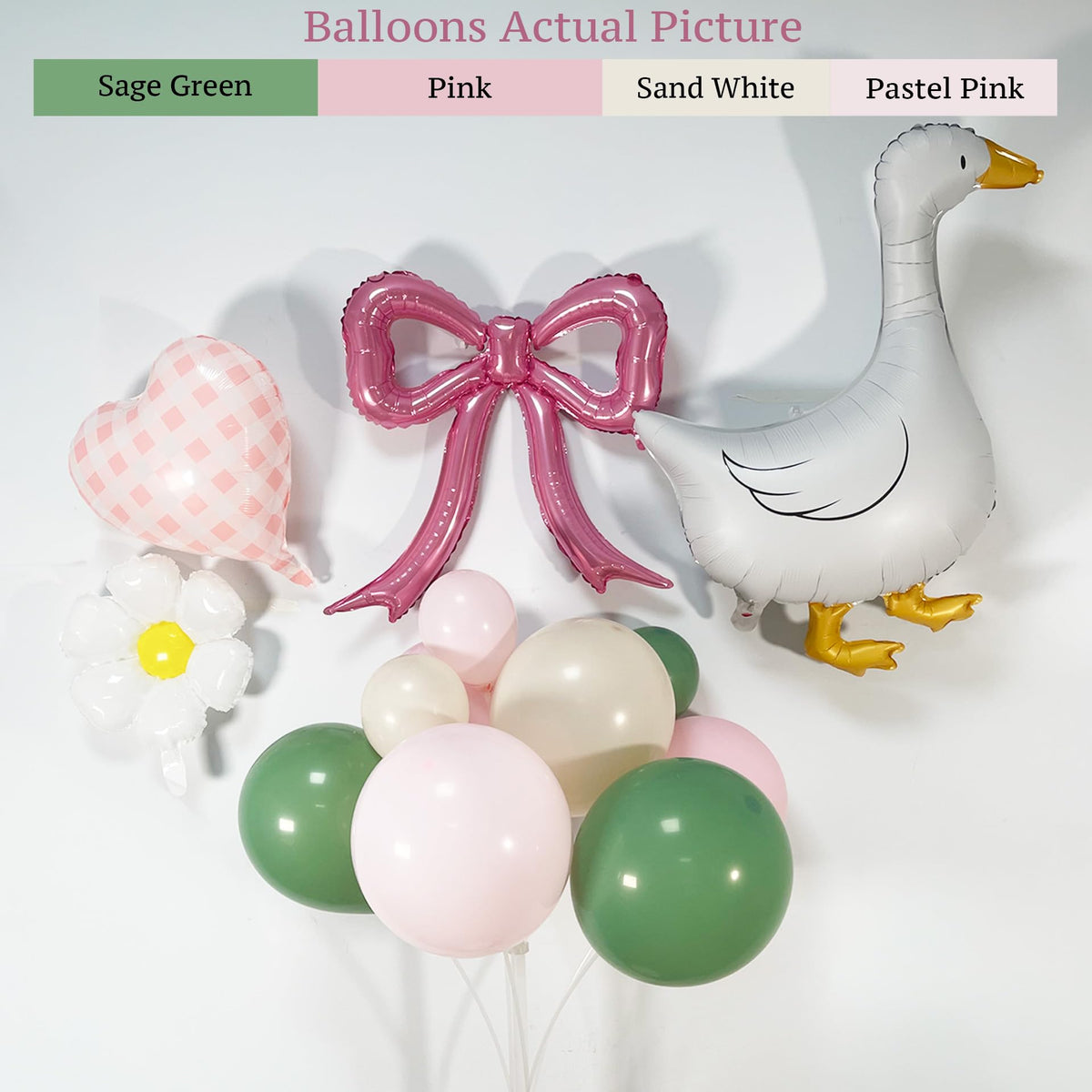 Carnira goose foil balloons add whimsical character to the arch setup.