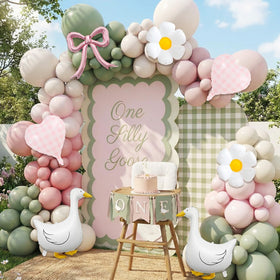 Carnira One Silly Goose arch kit with pastel balloons creating a charming birthday backdrop.