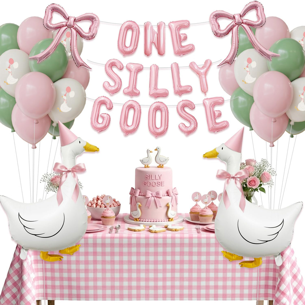 Carnira One Silly Goose balloons creating a baby birthday centerpiece and photos