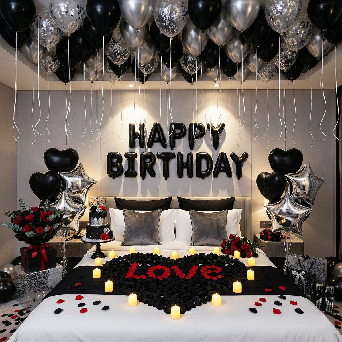 Carnira romantic birthday decor set featuring black and silver balloons for an elegant celebration.