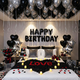 Carnira romantic birthday decor set featuring black and silver balloons for an elegant celebration.