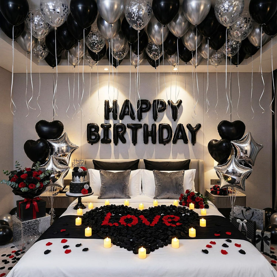 Carnira romantic birthday decor set featuring black and silver balloons for an elegant celebration.