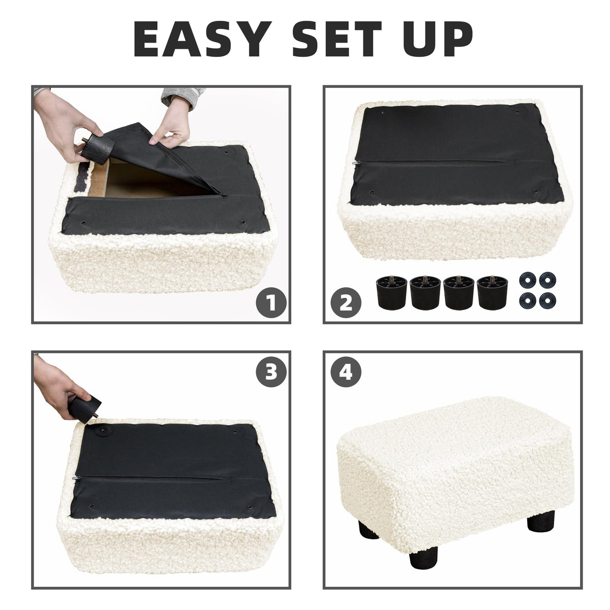 CAROLMADE easy-assembly foot stool stores legs in zipper pocket.