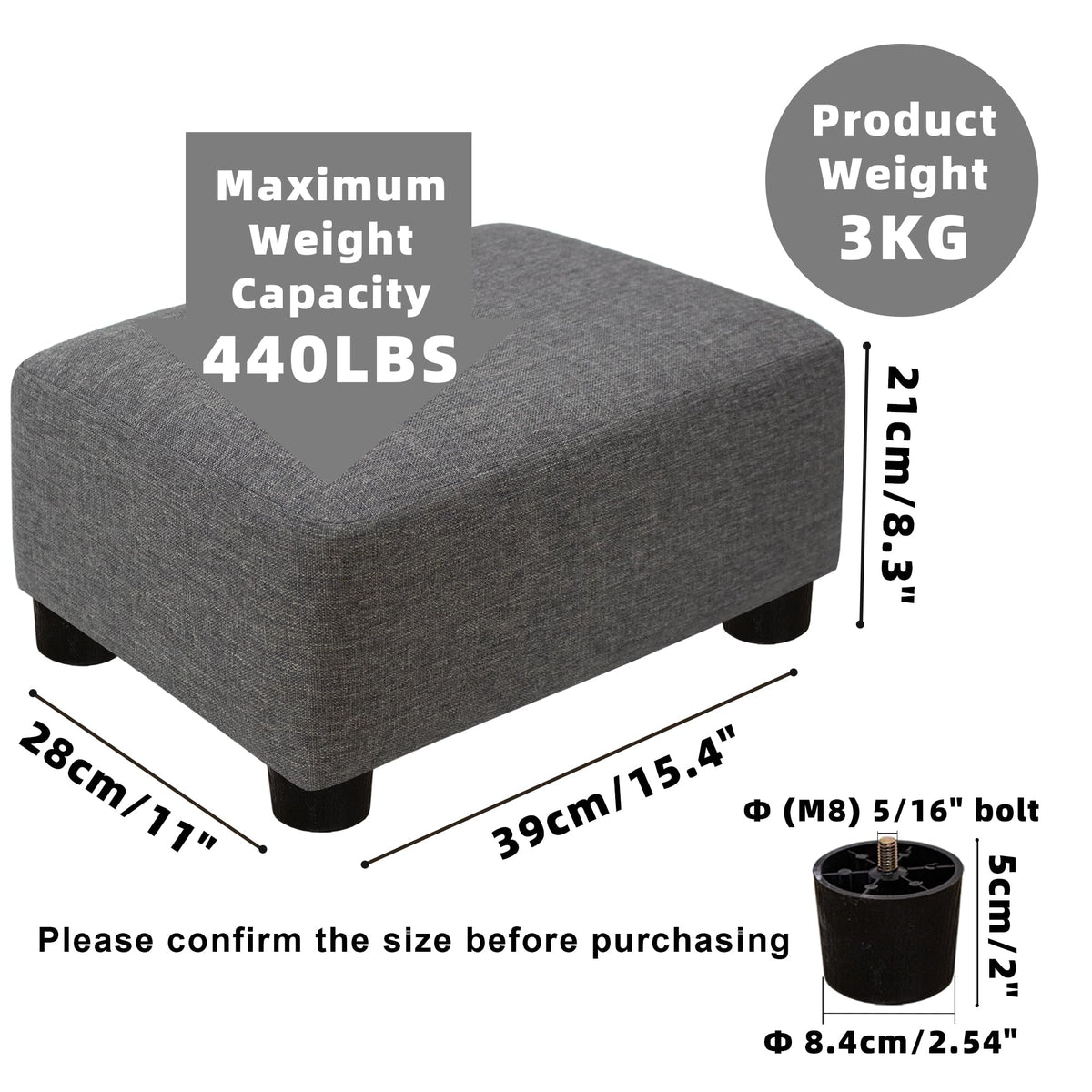 CAROLMADE sturdy ottoman with anti-slip feet keeps it in place