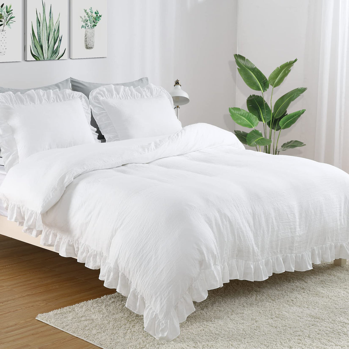 CAROMIO white ruffle duvet cover queen adds vintage charm with ultra-soft microfiber.