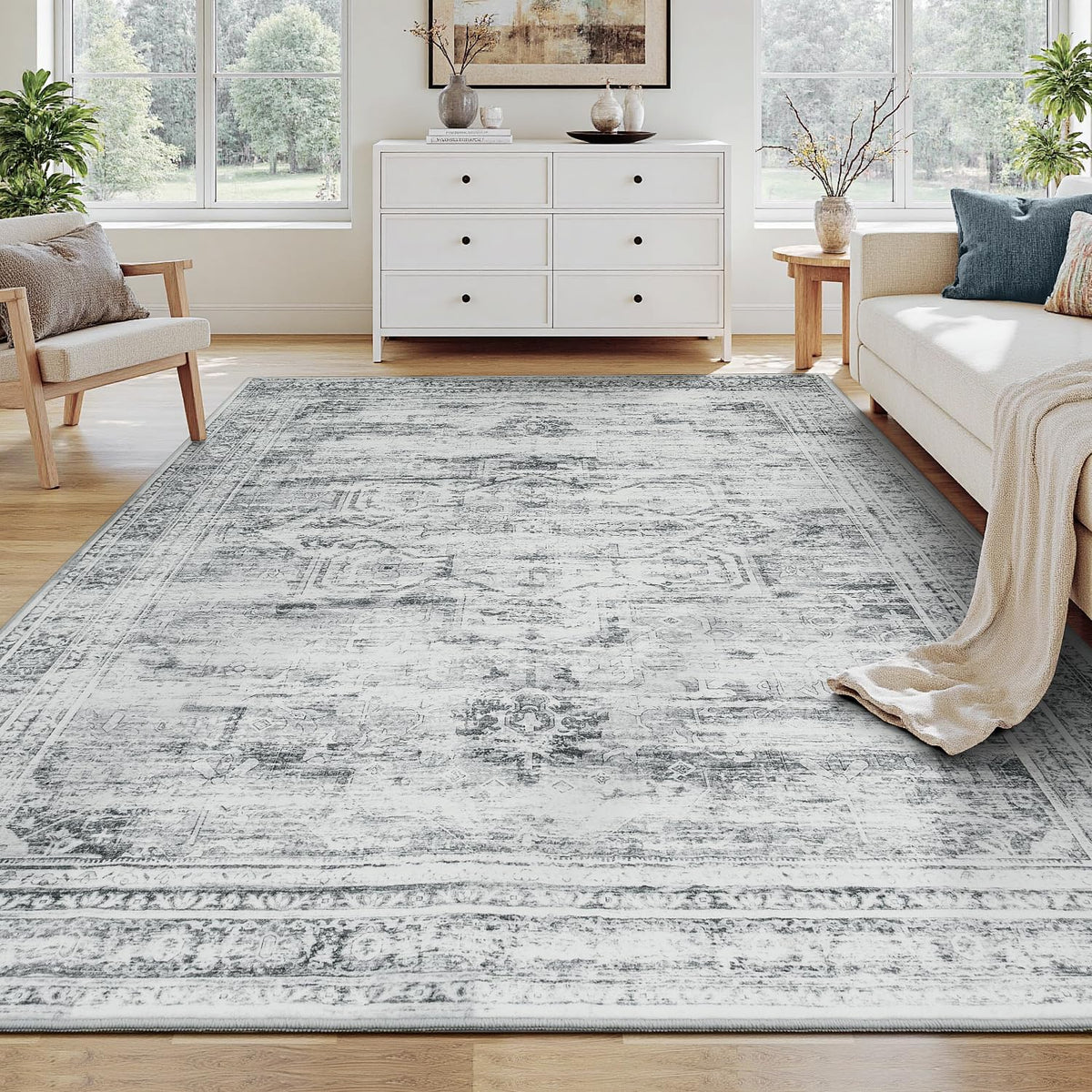 Carpelux 5x7 rug front view shows plush faux wool underfoot and neutral tones for cozy living spaces.