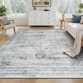 Carpelux 5x7 rug front view shows plush faux wool underfoot and neutral tones for cozy living spaces.