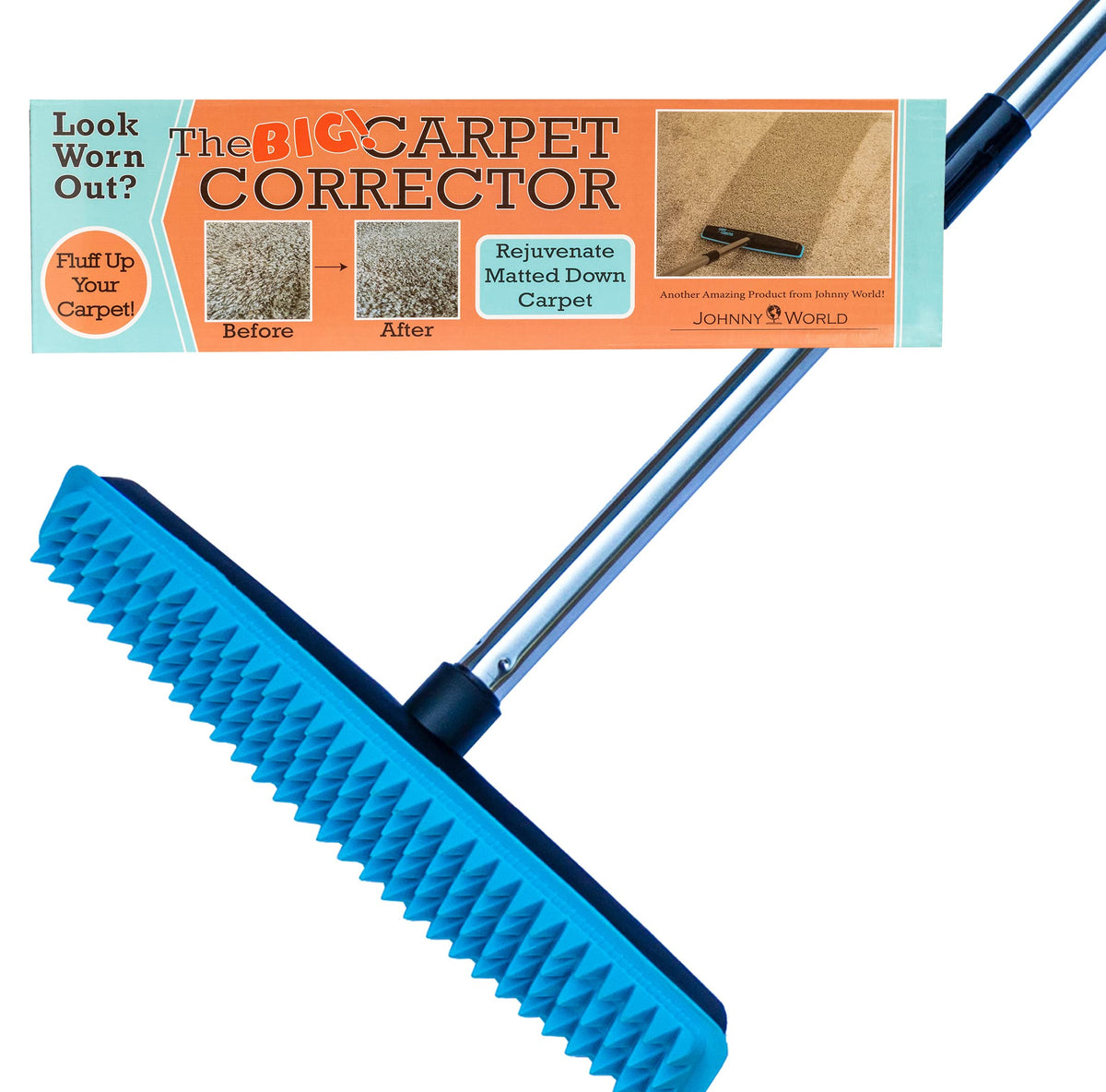Carpet Corrector shows big brush action on stairs to refresh matted fibers.