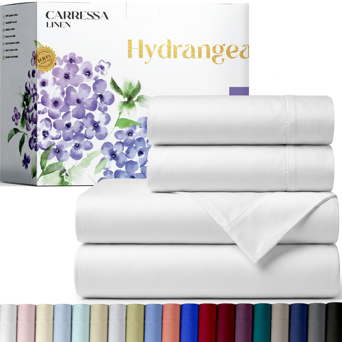 Carressa Linen Hydrangeas 600 Series close-up shows silky sateen texture for hotel-quality softness.