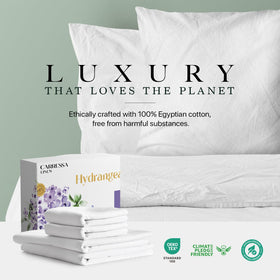 Carressa Linen Hydrangeas bed setup demonstrates coordinated bedroom decor with luxury feel.