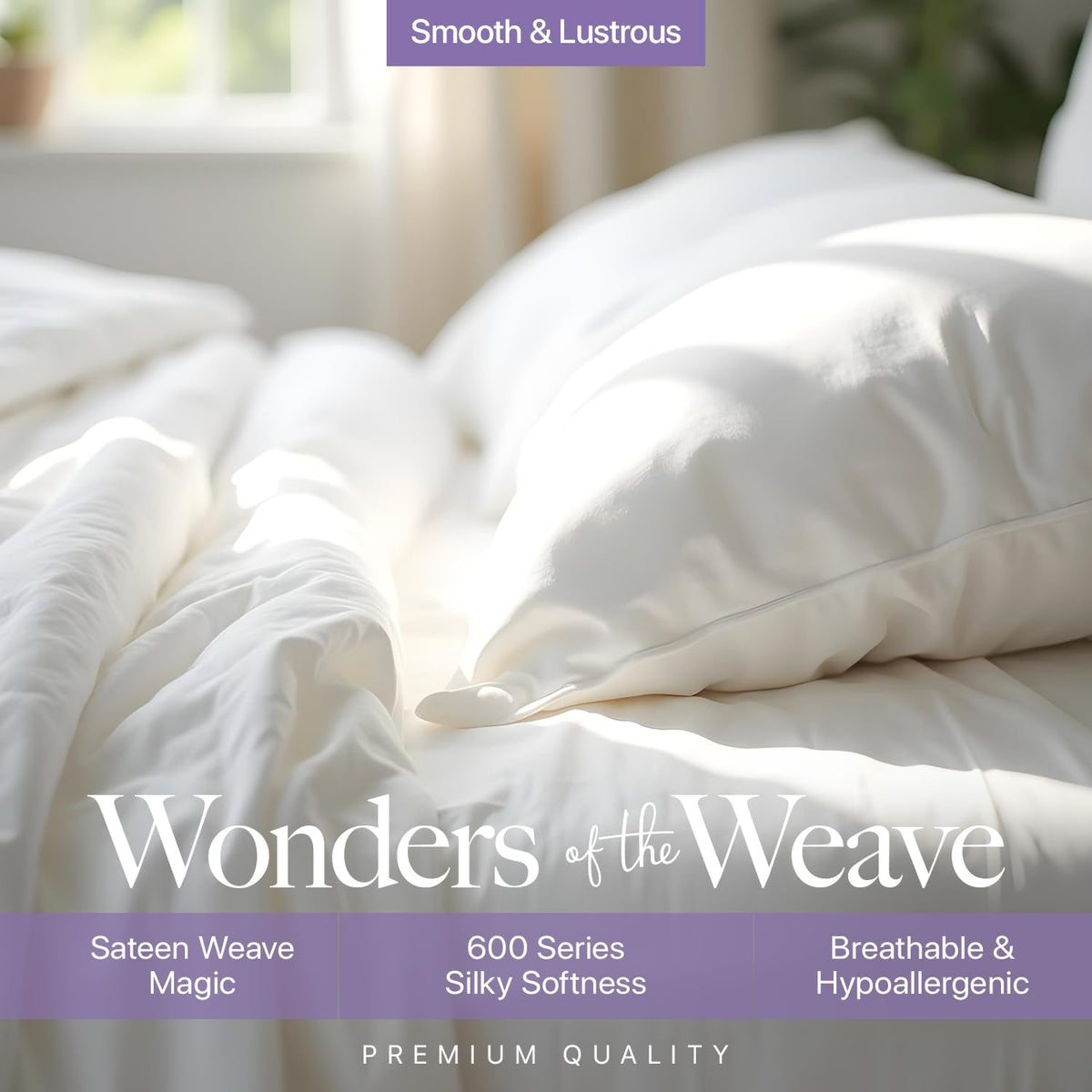 Carressa Linen sateen weave highlights breathable, smooth fabric ideal for year-round comfort.