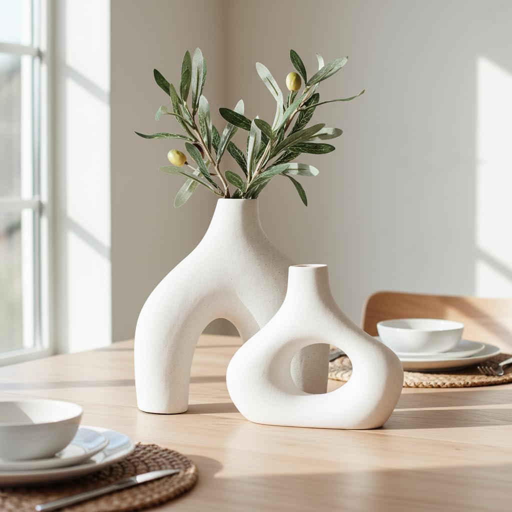 Carrot's Den donut vase large white ceramic centerpiece for kitchen countertops.