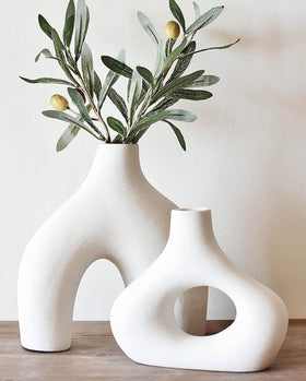 Carrot's Den donut vase set 2 in white, large ceramic centerpiece for dining tables.