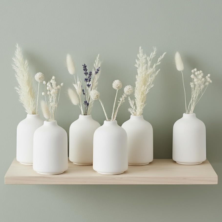 Carrot's Den white mini vases with stems, ideal for fresh or dried arrangements.