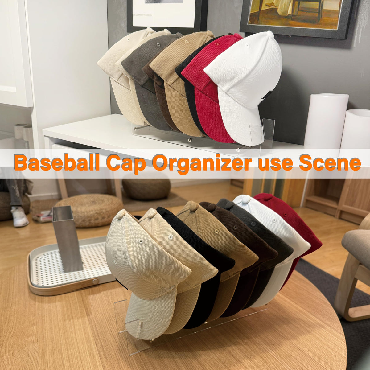 CARUUYI clear acrylic hat rack keeps hats dust-free and organized on a shelf.
