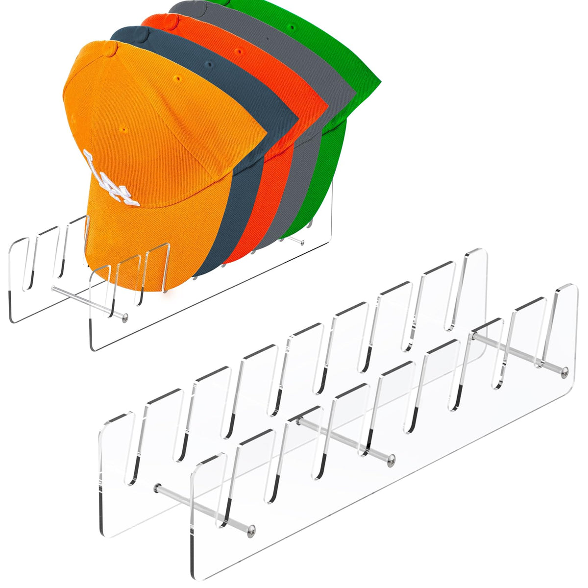 CARUUYI hat stand 2-pack clear acrylic holds 16 caps neatly for easy access.
