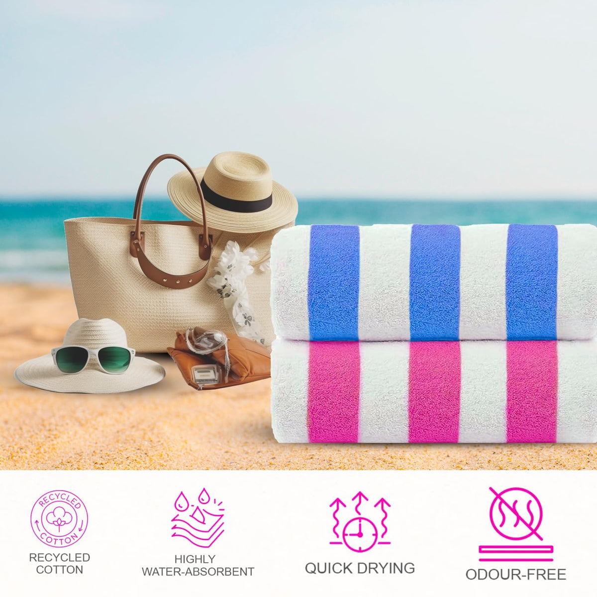 Casa Copenhagen Cabana pink stripe towel adds vibrant style to outdoor showers.