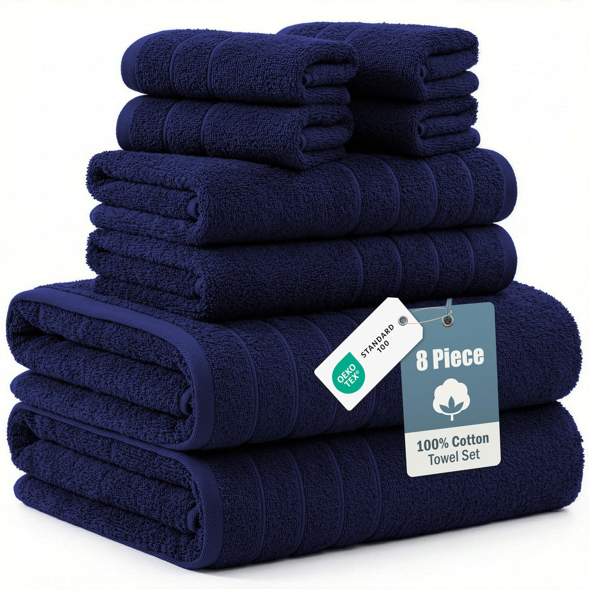 Casa Platino 8-piece bath towel set in navy blue for a spa-like bathroom upgrade