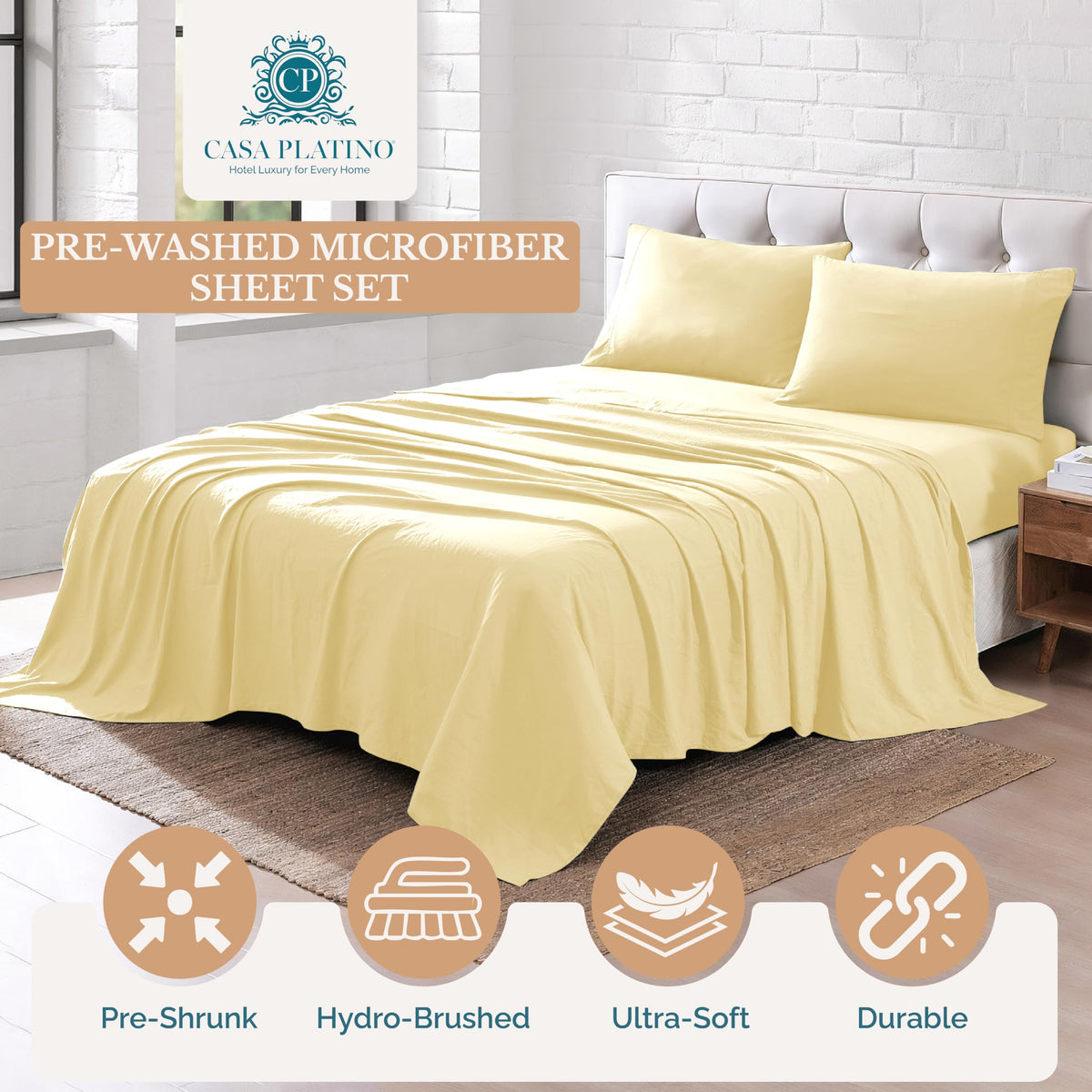 Casa Platino queen fitted sheet in vanilla with 15 inch pockets ensures a secure, snug fit.
