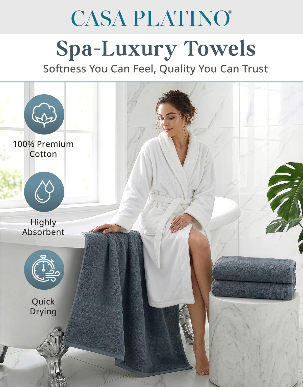 Casa Platino four-pack towels displayed for daily luxury and convenience