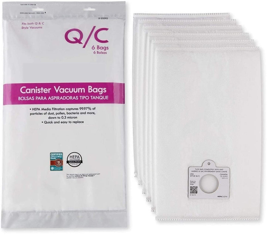 Casa Vacuums 6-style Q/C bags close-up shows filtration fibers for cleaner air.