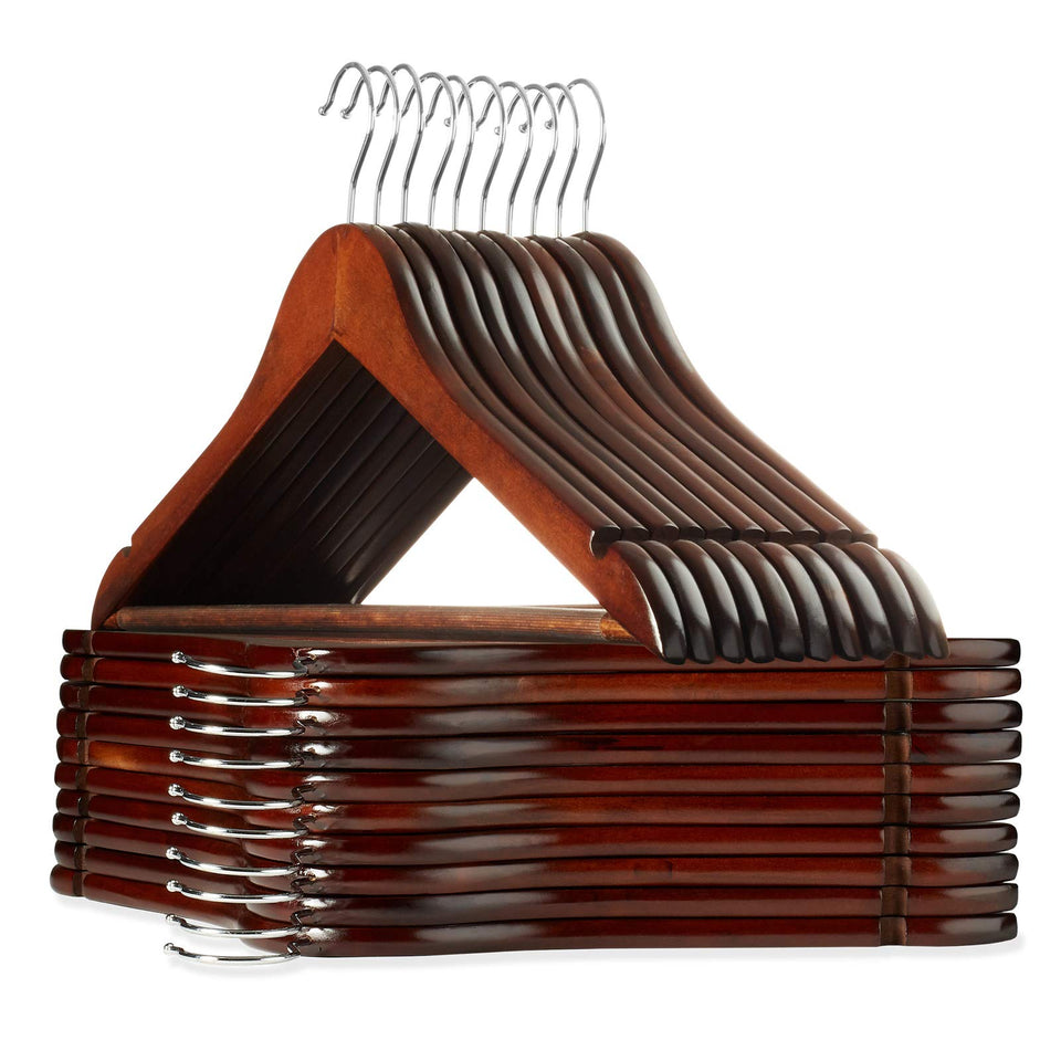 Casafield 20 walnut wooden suit hangers keep garments organized and protected.