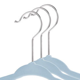 Casafield 11-inch light blue velvet hanger supports onesies without creasing.