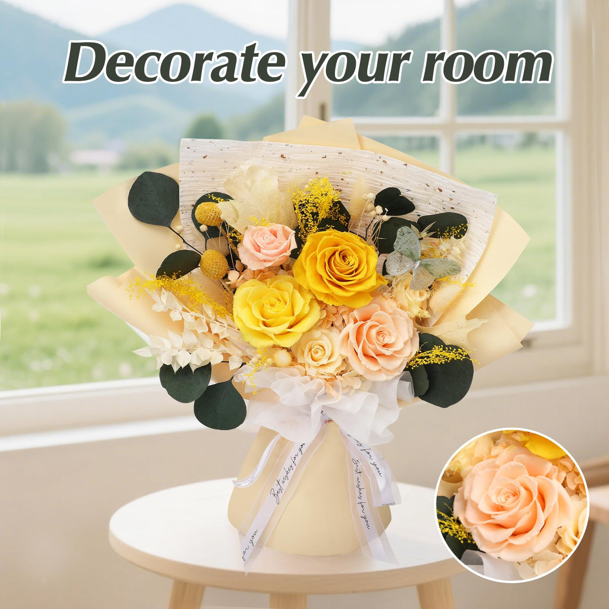 Casaido butterfly brooch accent adds sparkle to the preserved bouquet.